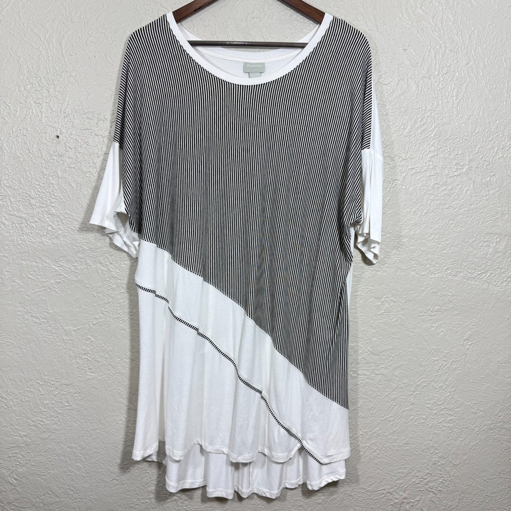 Zim & Zoe Tunic Top 20  Asymmetrical Stripe Panel Contrast Hem‎ Artsy Lagenlook
